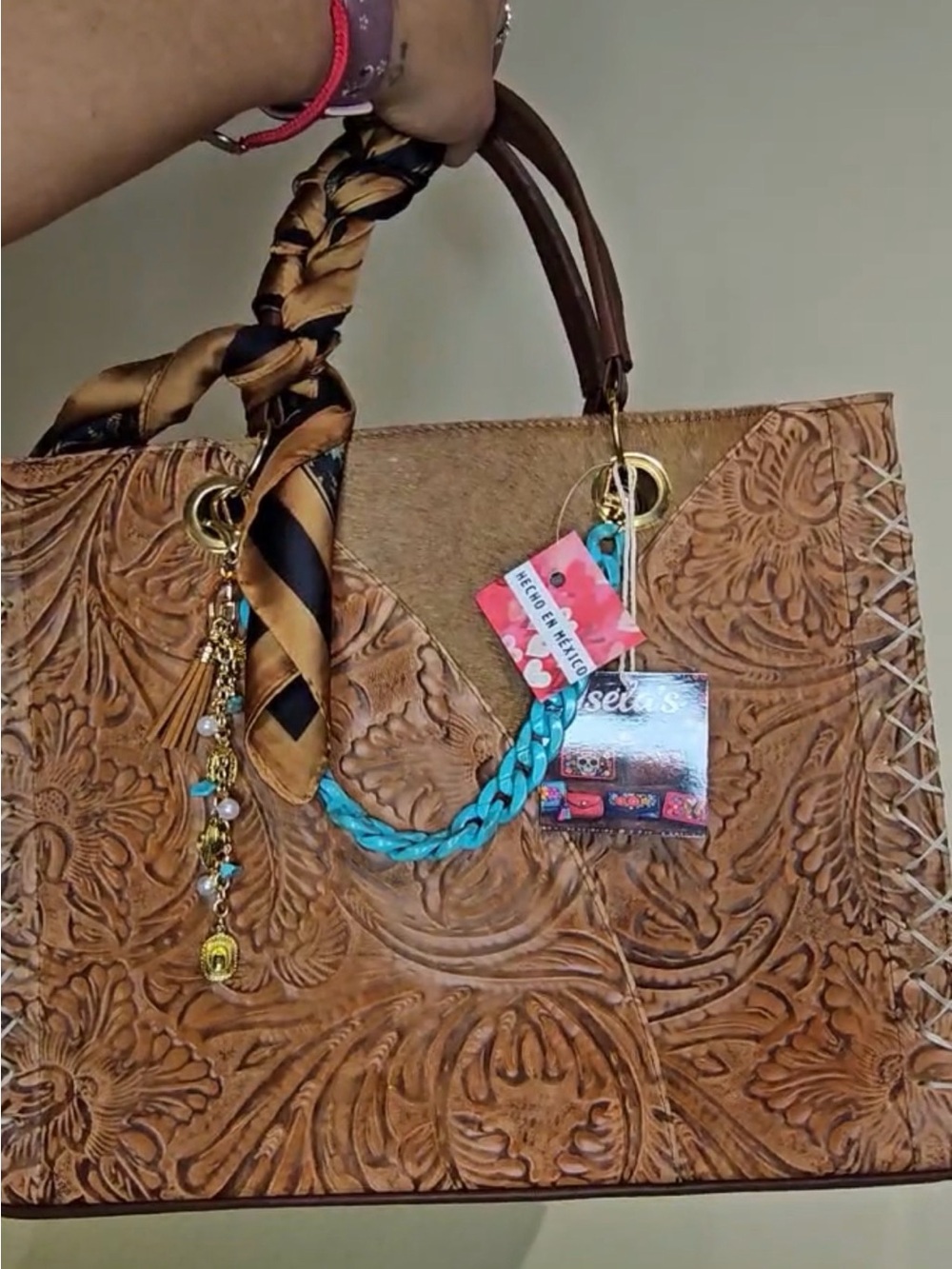 Embossed Floral Leather Tote Bag in Brown